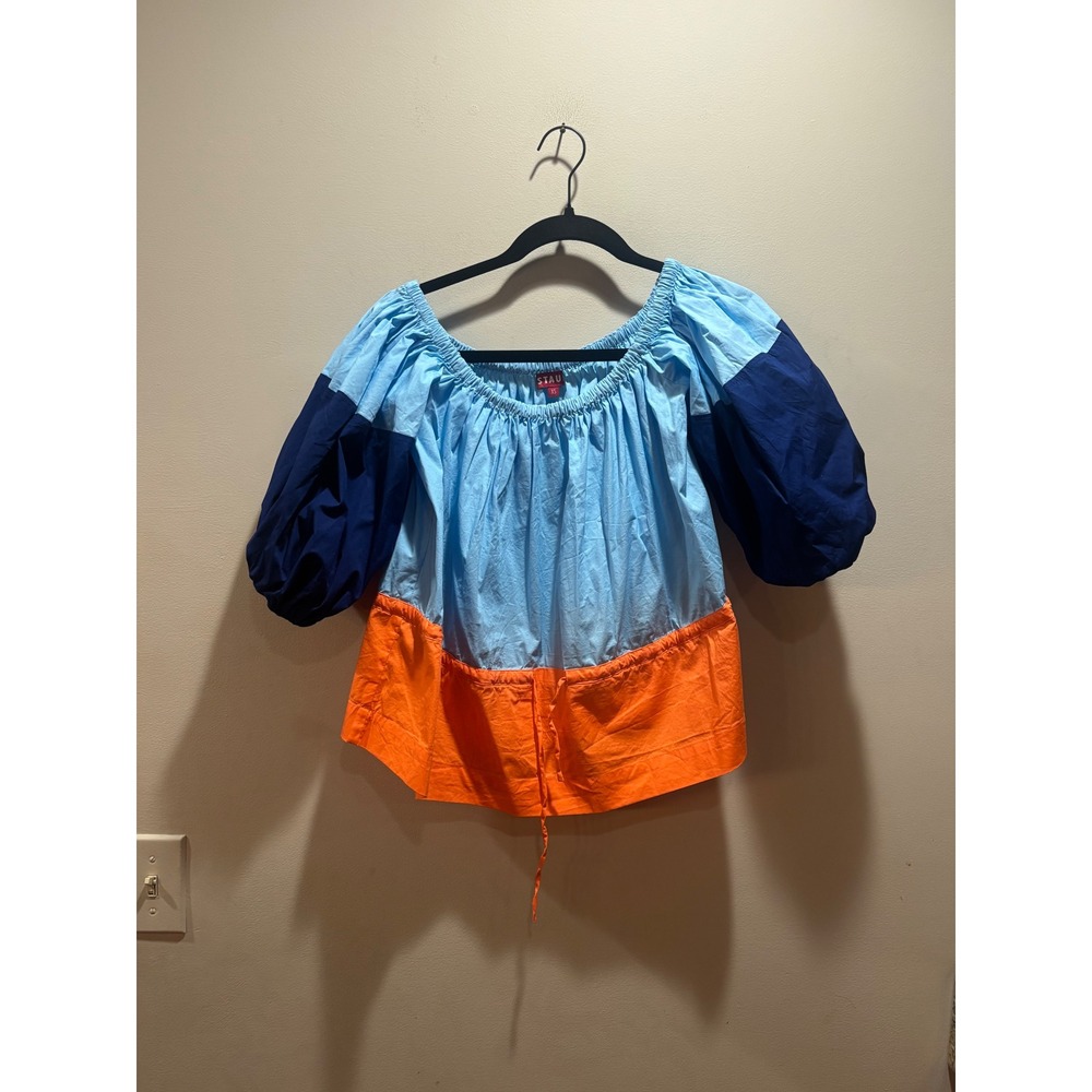 STAUD Colorblock Off The Shoulder Puff Sleeve Top Blue Orange XS Poplin Blouse
